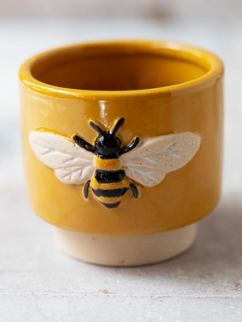 Small ceramic harvest gold yellow planter with bees 2.75